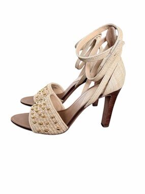 Franco Sarto Natural Beige Ankle-Tie Studded High Heels
